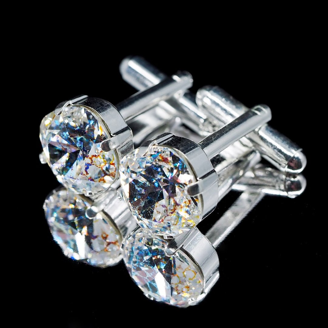 White Meteorite Square Silver Cufflinks | Cuff Links | Swarovski Crystals - 袖扣 - 其他金属 白色