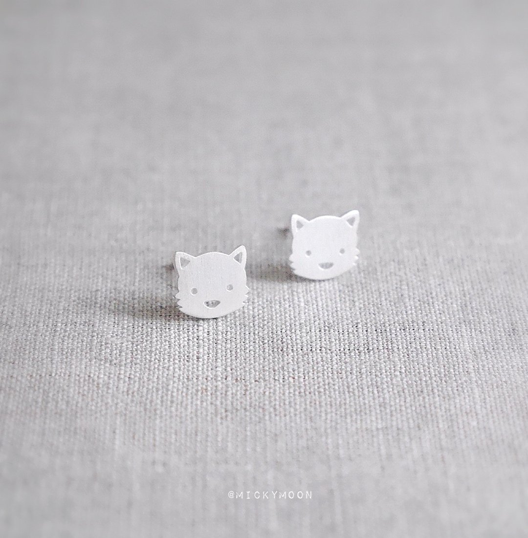 Cat Silver Earrings,925 Sterling Silver - 耳环/耳夹 - 纯银 银色