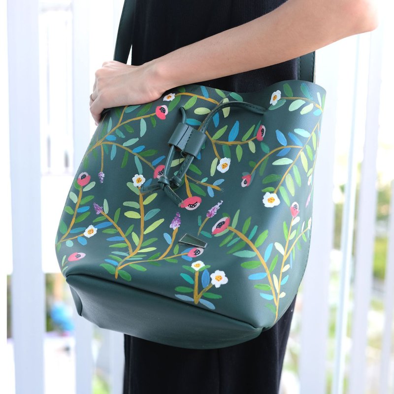 Floral Bucket Bag - 侧背包/斜挎包 - 真皮 绿色