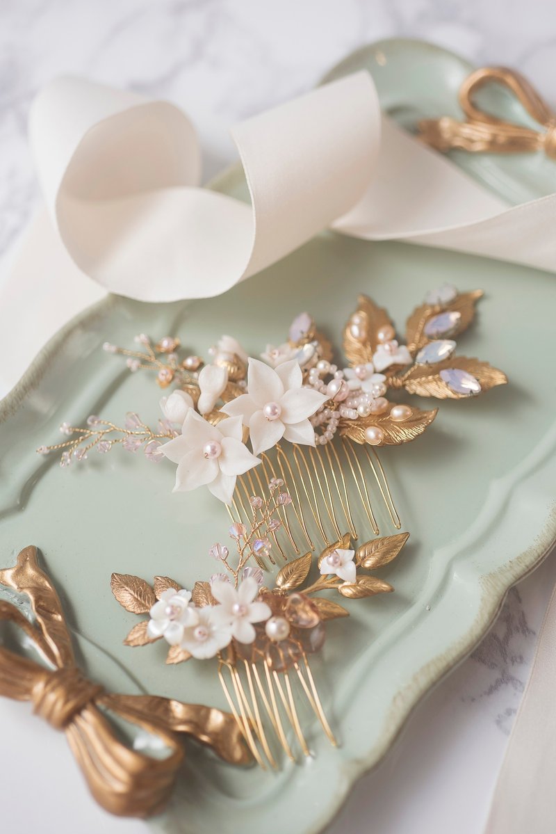 Miss Pastel手工金色铜叶捷克晶石发梳(粉红结婚头饰/新娘头饰 - 发饰 - 其他金属 粉红色
