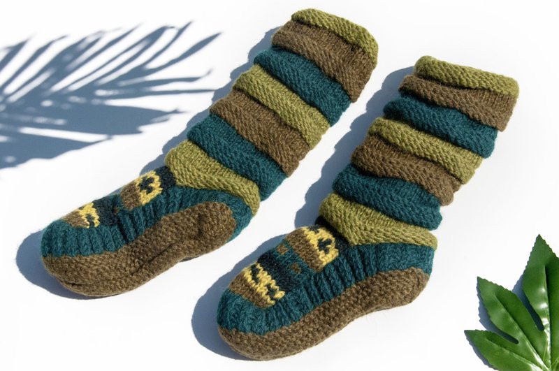 手织羊毛针织袜/条纹袜/羊毛钩织长袜/保暖毛袜-北欧风绿色草原风 - 袜子 - 羊毛 绿色