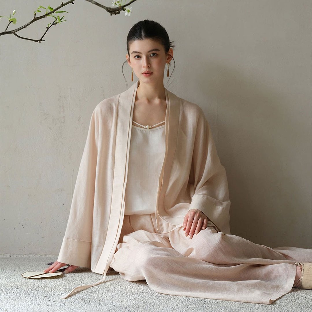 苎麻禪意吊帶上衣 / 短外套 / 褲子 / 茶服國風氣質款 - 女装上衣 - 棉 粉红色