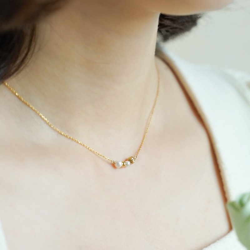 复古罗纹 925纯银镀18k金 珍珠项链 锁骨链 - 项链 - 纯银 金色