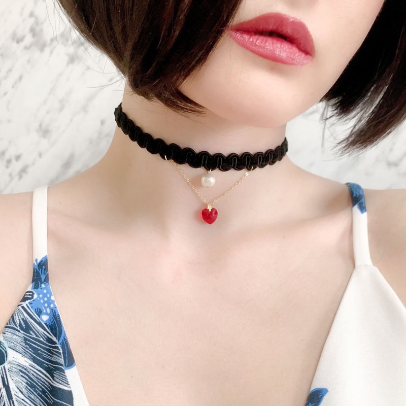 黑色 / 爱在月夜摇曳 / 棉质珍珠心型颈链 SV072BK - 颈链 - 其他材质 黑色