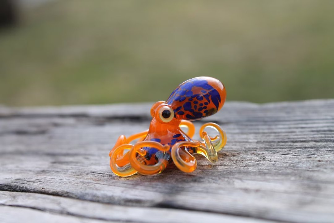 玻璃章鱼雕塑 微小的收藏级微型章鱼雕塑 - 陶艺 - 玻璃 橘色