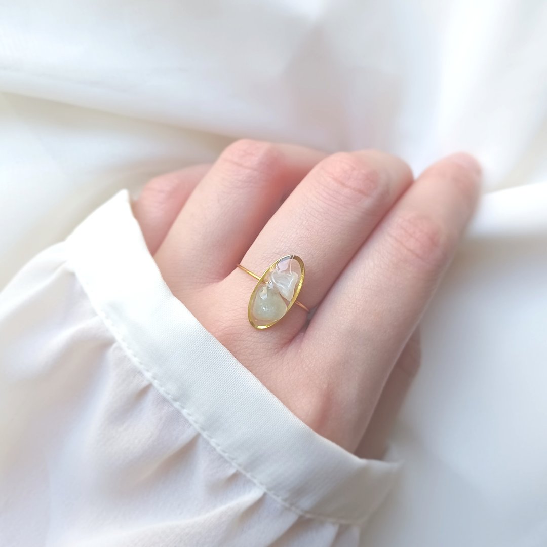 Natural stone oval wire ring NO.03 (Burma jade, one size fits all) - 戒指 - 石头 绿色