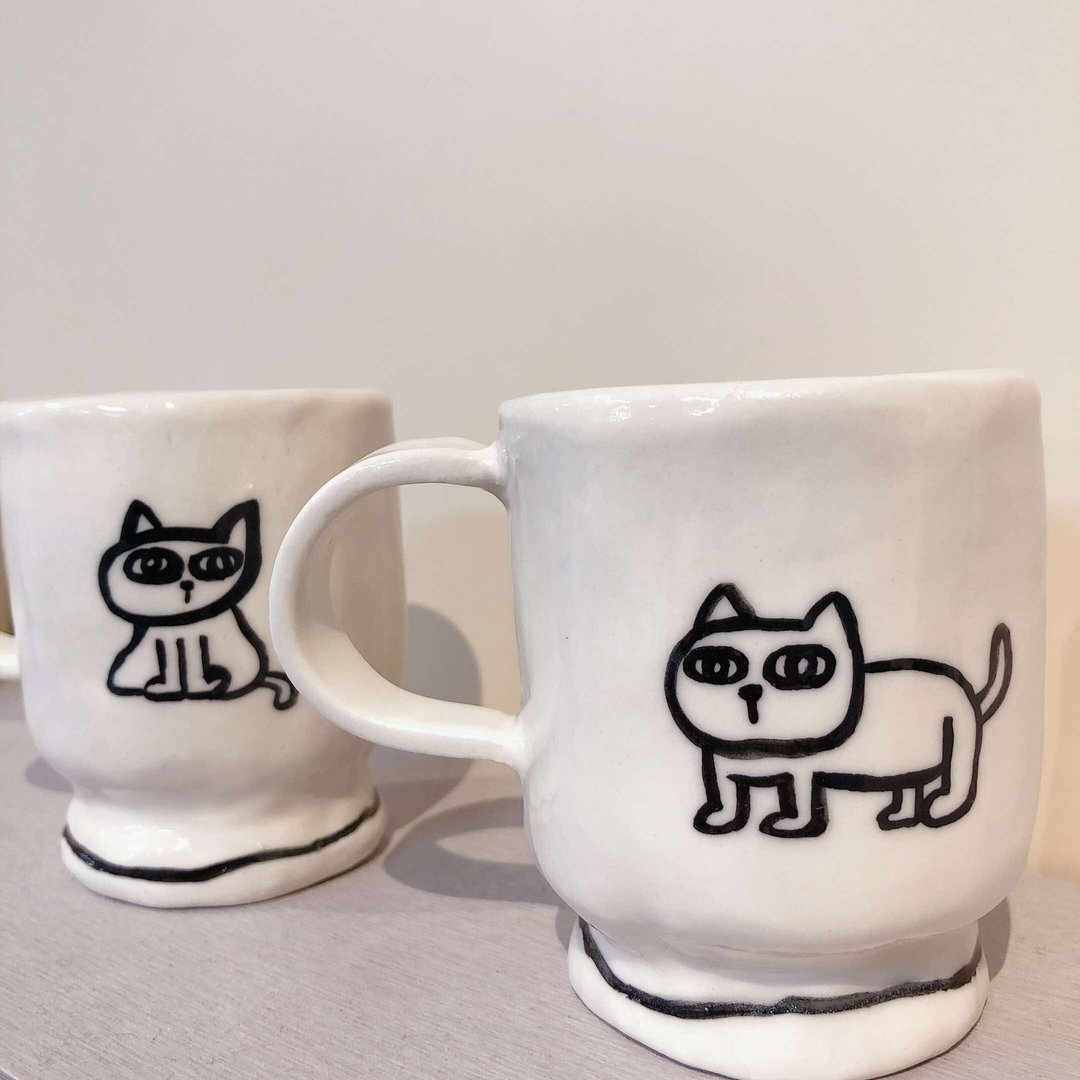 复古吃茶猫猫咖啡杯子和盘子 可以分开买 手捏白瓷 咖啡杯 猫 - 咖啡杯/马克杯 - 瓷 白色
