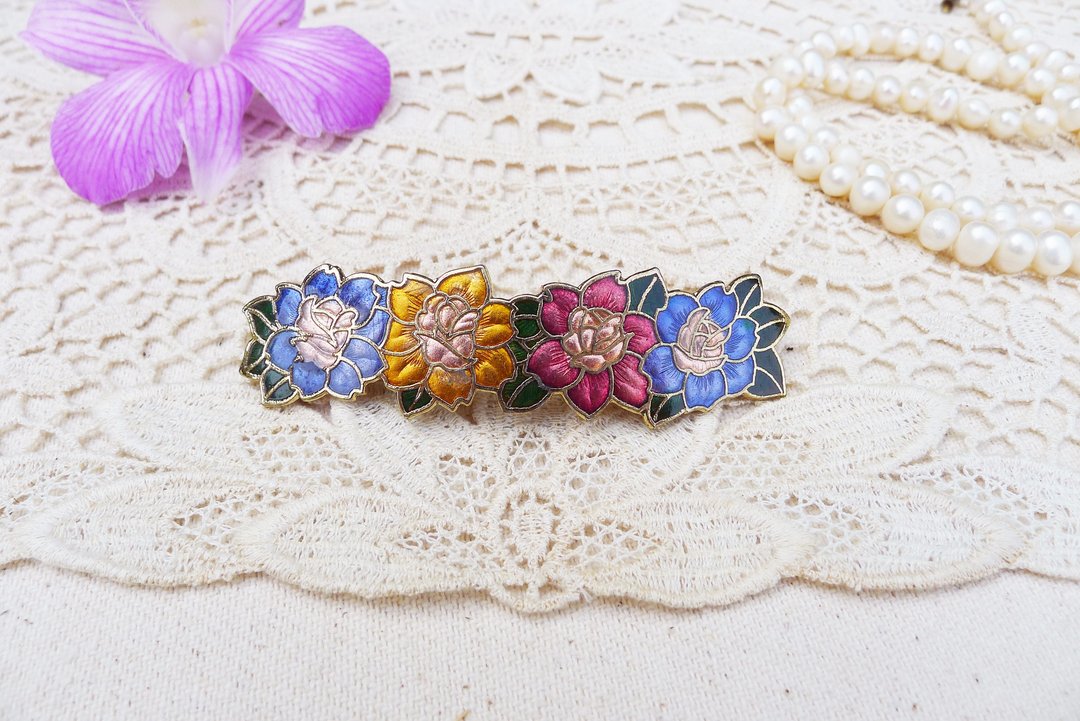 80s Sweet Vintage Cloisonné Enamel colorful floral hair clips hair accessories - 发饰 - 珐琅 多色