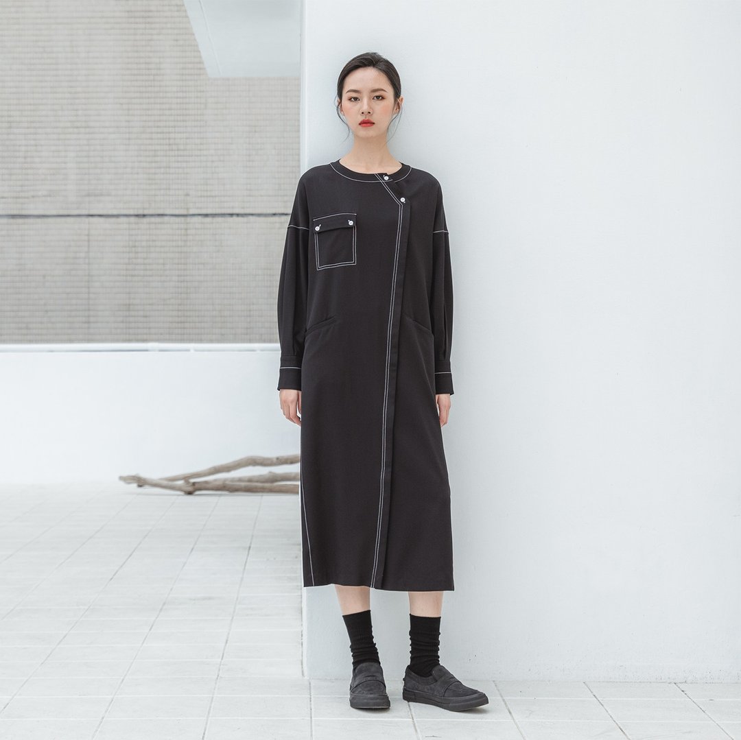 //SUMI x WEARMACAU// Silhouettes_剪影裁片洋装_20AF153_黑 - 洋装/连衣裙 - 棉．麻 黑色