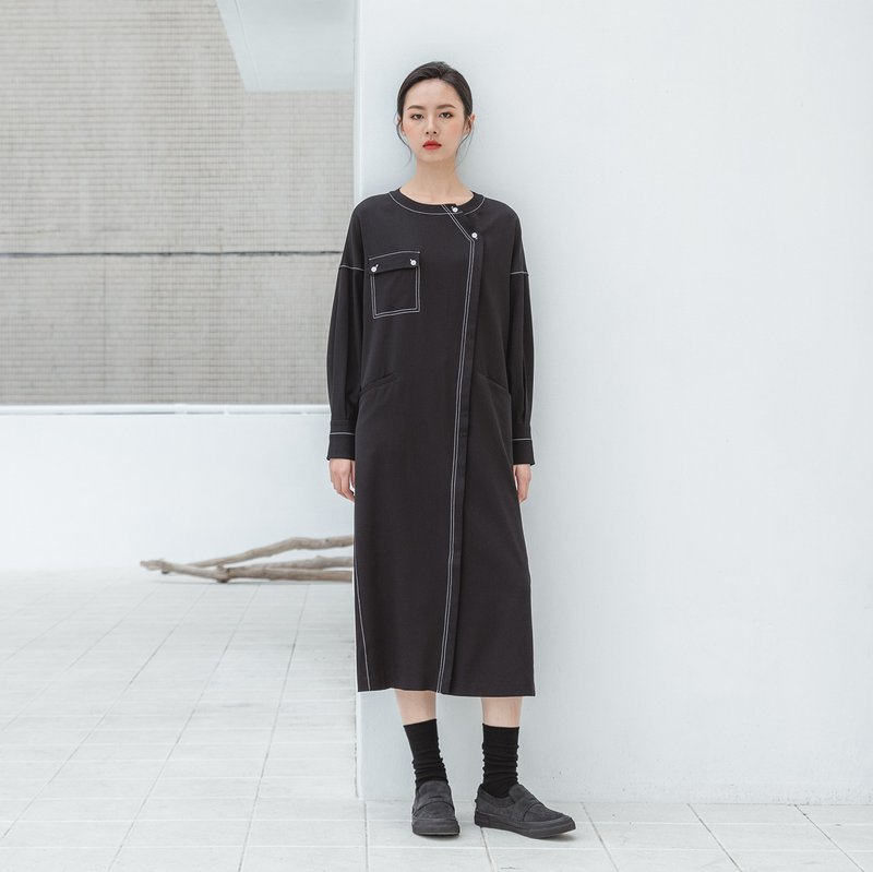 //SUMI x WEARMACAU// Silhouettes_剪影裁片洋装_20AF153_黑 - 洋装/连衣裙 - 棉．麻 黑色