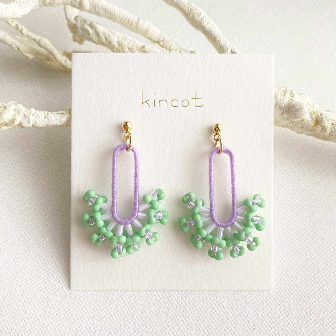 Coral earrings Clip-On[Purple x Green] - 耳环/耳夹 - 棉．麻 绿色