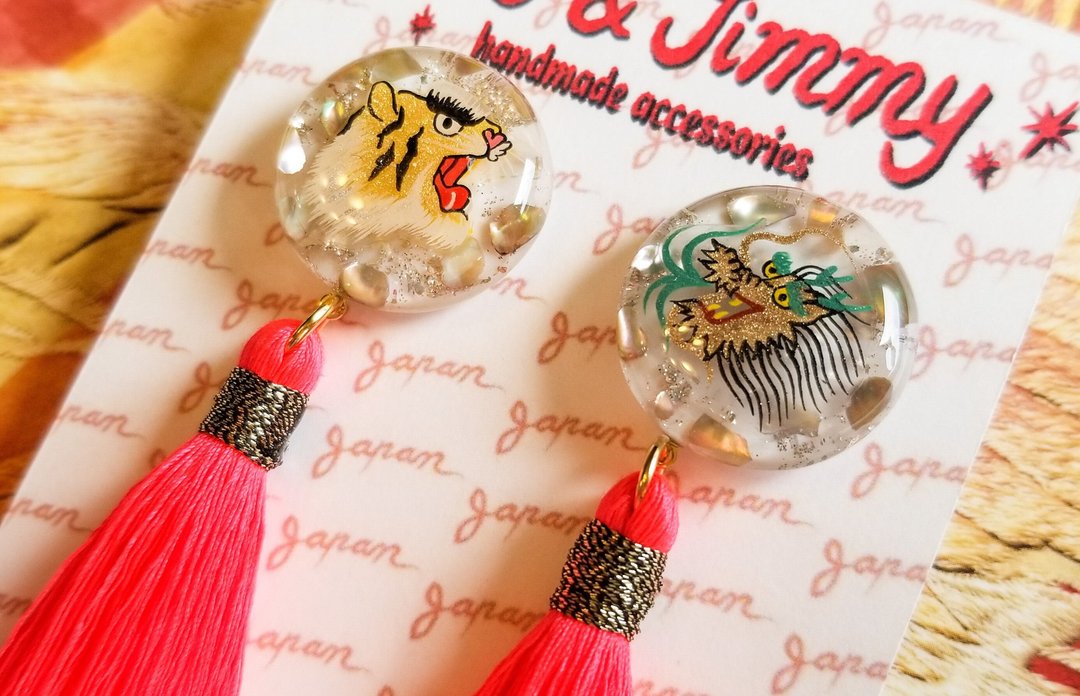Tiger×Dragon Long Tassel Ska Earrings・Clip-On[Neon Red]・Sukajan Earrings・Clip-On - 耳环/耳夹 - 树脂 红色