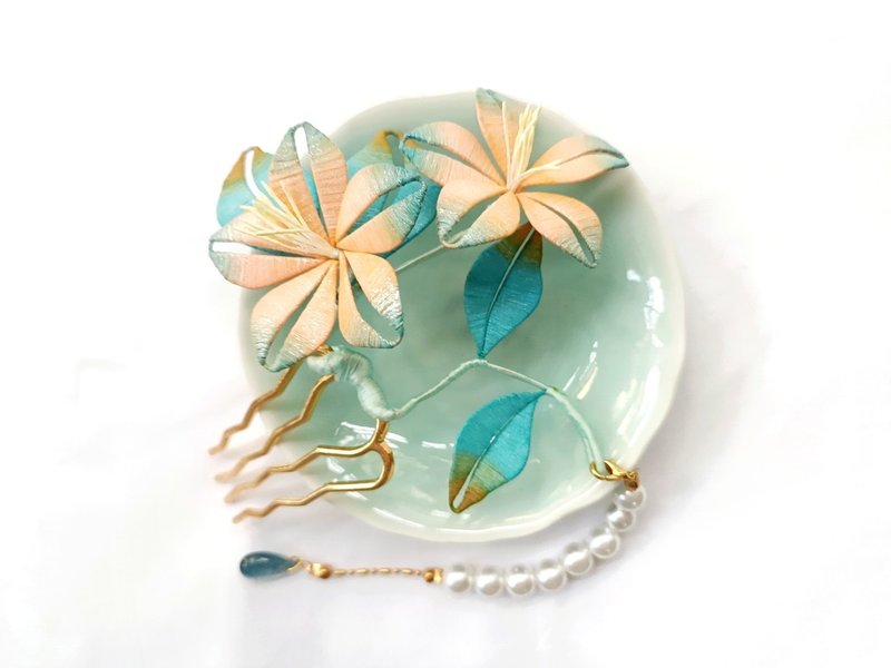 彩霞 橘与蓝的染色古风传统渐层缠花发簪发饰饰品配件 - 发饰 - 绣线 橘色