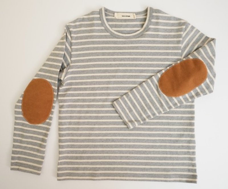 肘部补丁长袖条纹衫 浅灰色 × 原色 - 女装上衣 - 棉．麻 