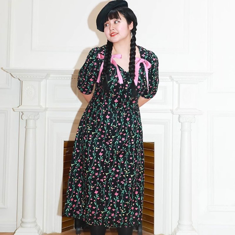 半月天使 纯棉吸汗大码原创蝴蝶结碎花显瘦收腰连衣裙 - 洋装/连衣裙 - 其他材质 