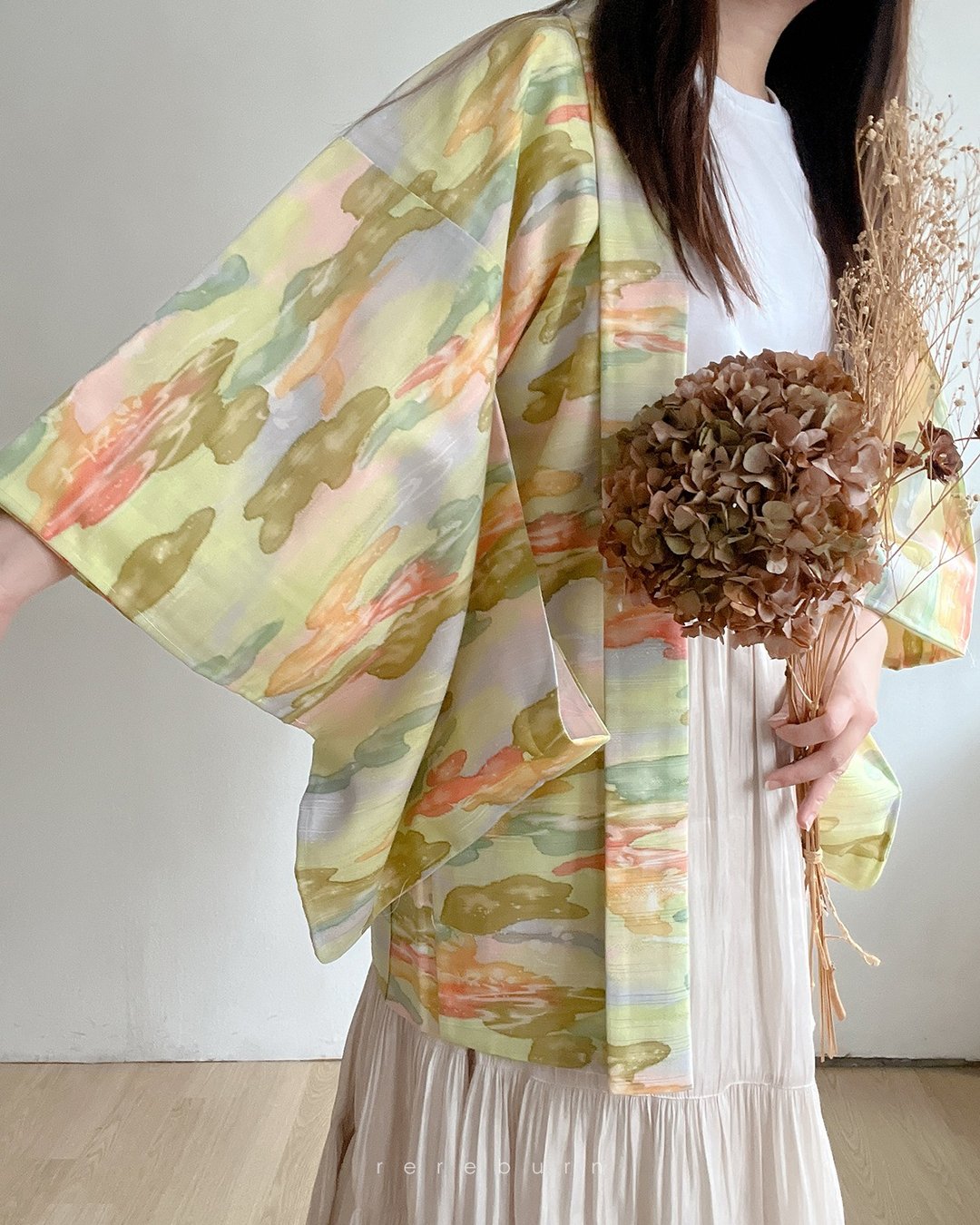 日本制古着羽织和服外套和风黄绿色水彩渐层薄款 - 女装休闲/机能外套 - 其他材质 黄色