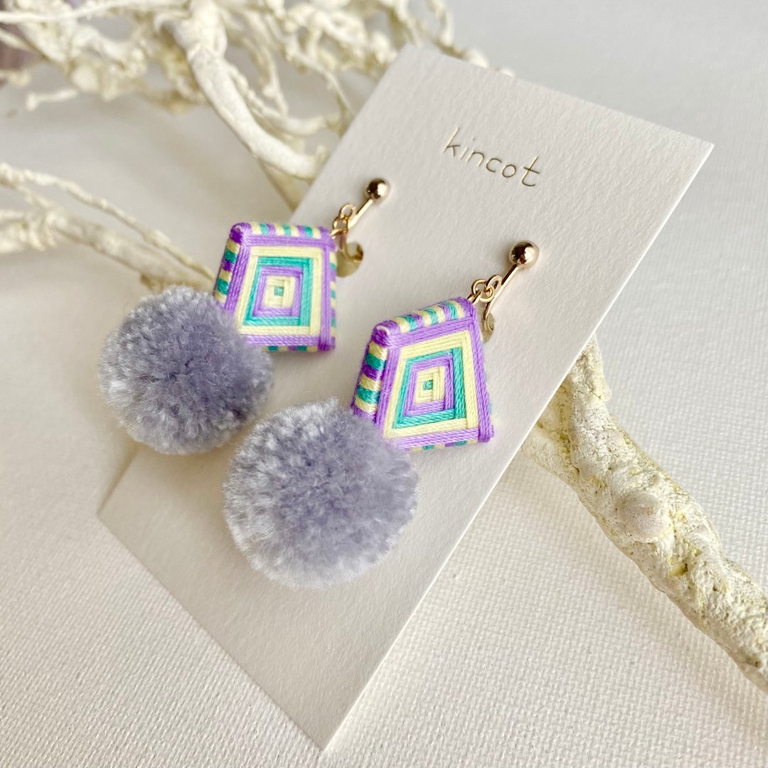 Thread pompom pierced Clip-On[Purple x Yellow x Emerald] - 耳环/耳夹 - 聚酯纤维 多色