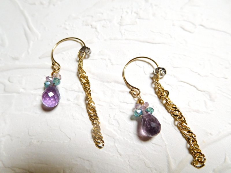 包14K金小圆钩式紫水晶后扣流苏耳环 - 耳环/耳夹 - 其他材质 