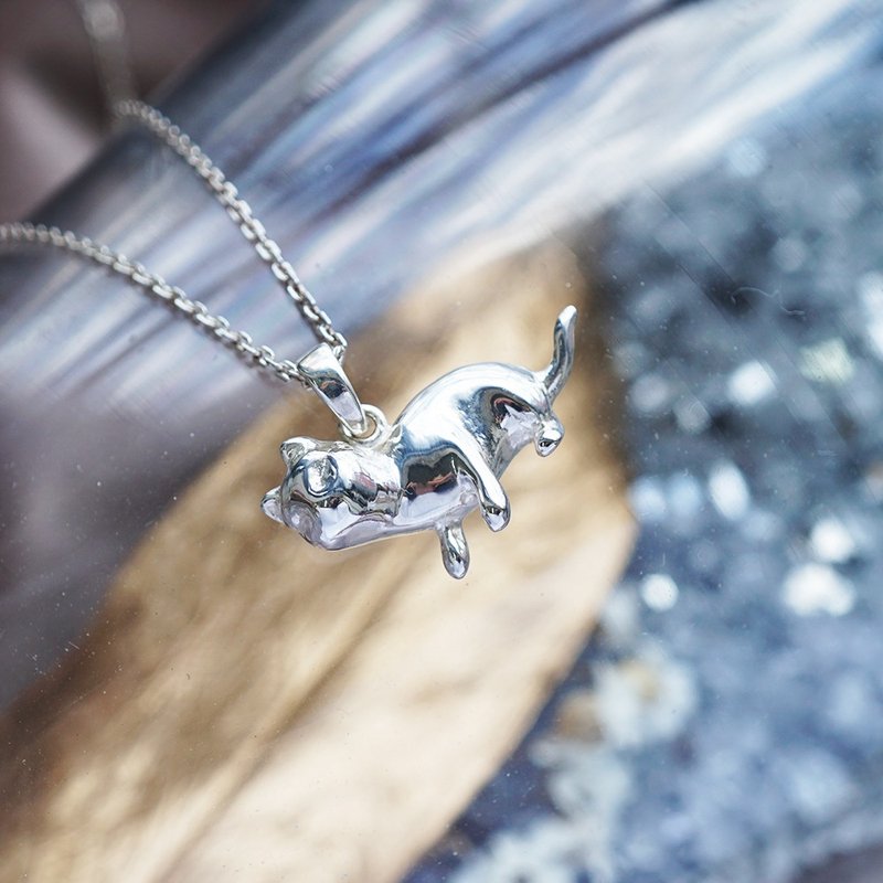 猫咪咕噜姿势-神探-半立体造型动物纯银项链-剪影立体(单条价) - 项链 - 纯银 银色