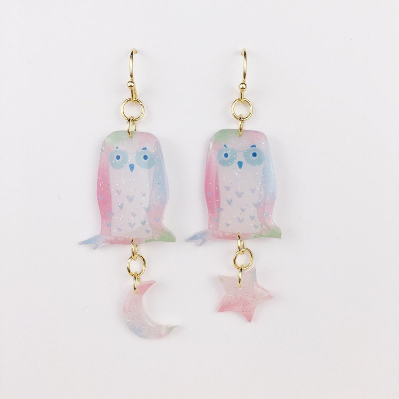猫头鹰  星星 月亮     包金耳环一对 - 耳环/耳夹 - 树脂 
