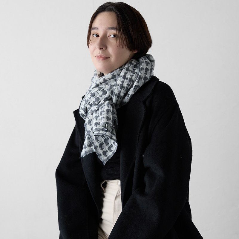 缩绒格纹编织喀什米尔羊毛围巾-灰 - 围巾/披肩 - 羊毛 灰色