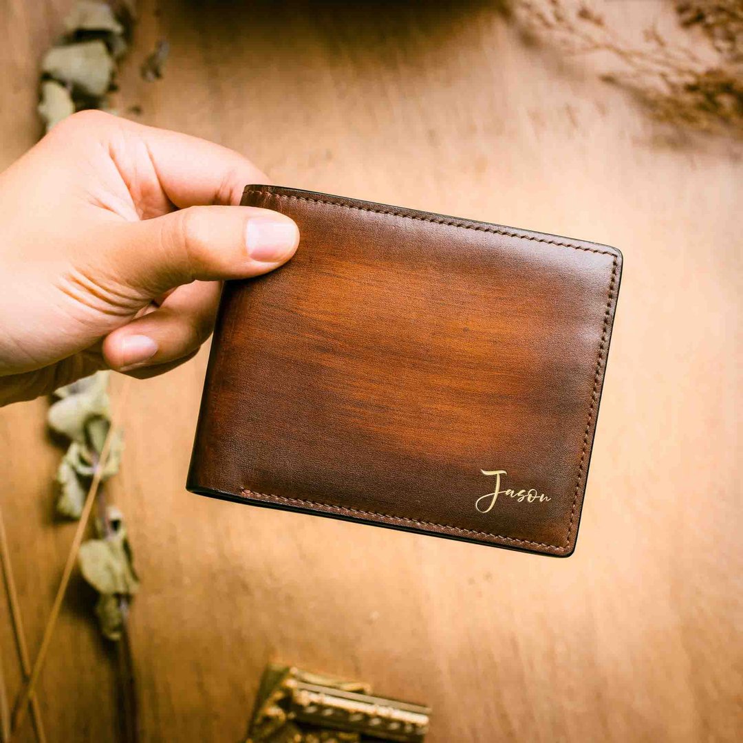 Crudo Leather | Senzaltro 定制烫名皮革短钱包 (手擦古典啡色) - 皮夹/钱包 - 真皮 咖啡色