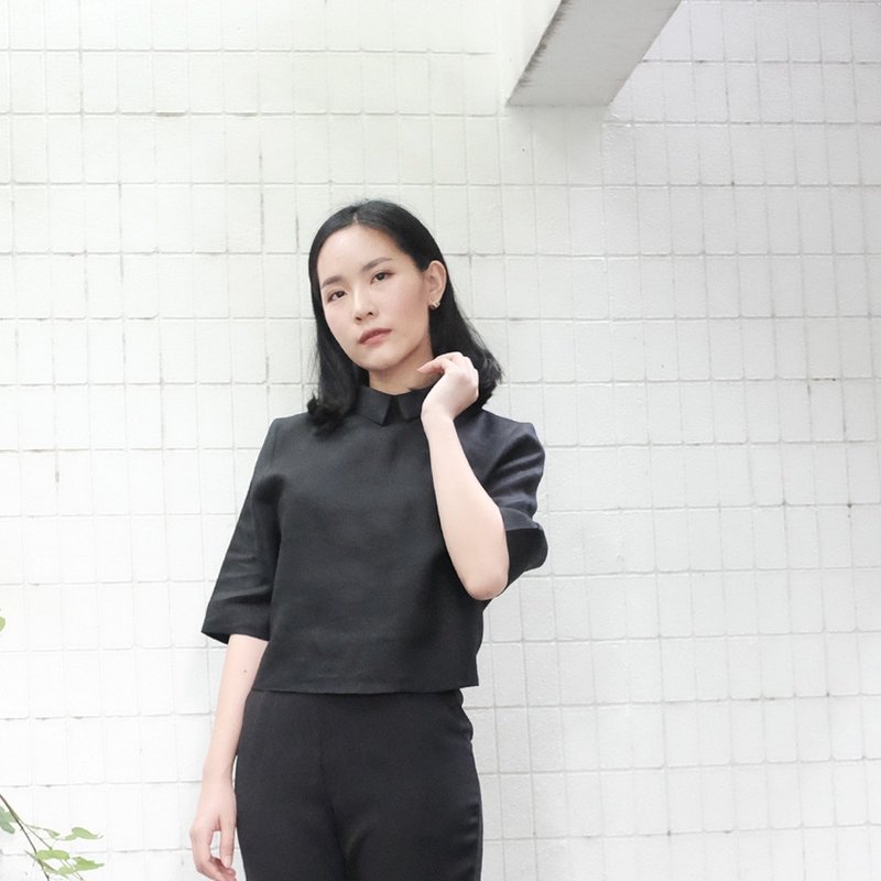 Bow Waist Tie Shirt (Black) - 女装衬衫 - 棉．麻 黑色