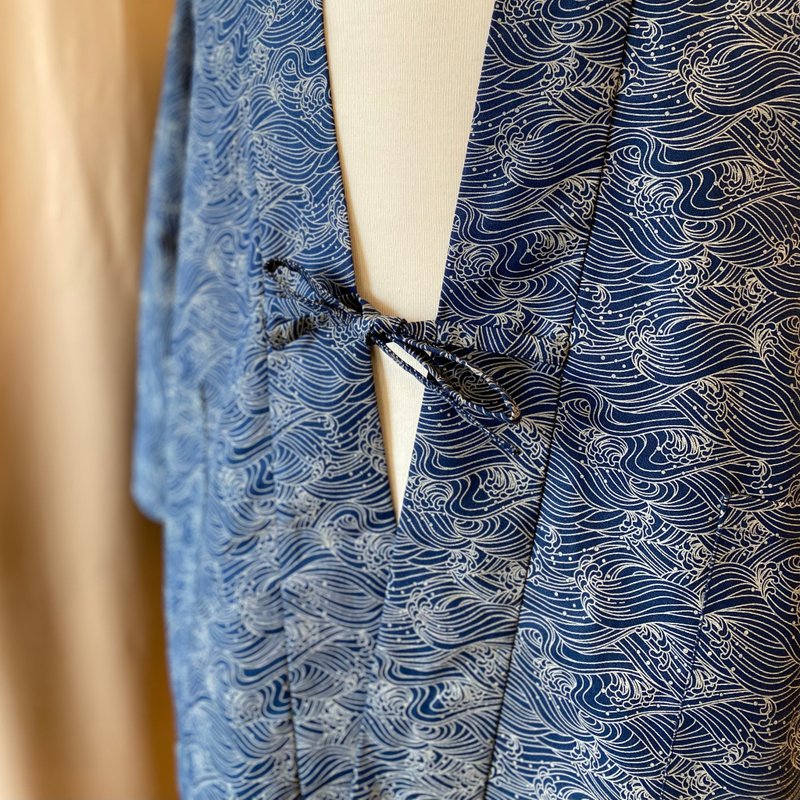 独家设计 日式细波浪 手工和式外套 / 长袖款 - 男装外套 - 棉．麻 蓝色