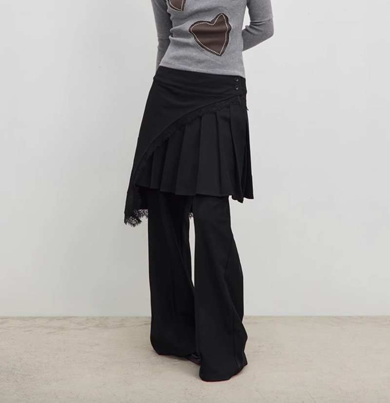 Lace Pleated Skirt 叠穿可拆卸 百褶蕾丝裙裤套装 - 女装长裤 - 聚酯纤维 黑色
