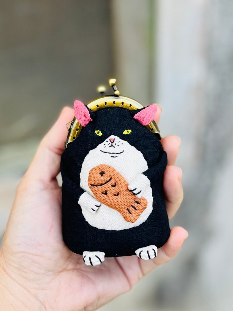 猫抓鱼造型印章/零钱口金小包 - 零钱包 - 棉．麻 