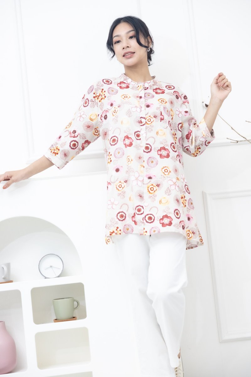 酒红色花朵印花中山领上衣 杏色 - 女装上衣 - 其他材质 白色