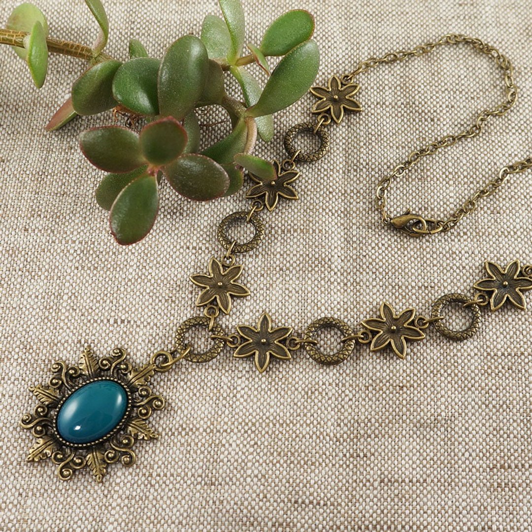 Dark Green Agate Necklace Bronze Fern Leaf Forest Pendant Boho Necklace Jewelry - 项链 - 半宝石 绿色