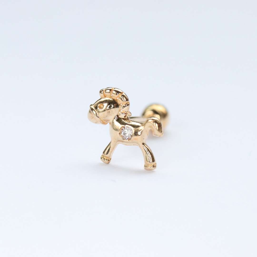 14K 金小马钻锁珠耳环 (单个)耳骨 耳窝 不退色 - 耳环/耳夹 - 贵金属 金色