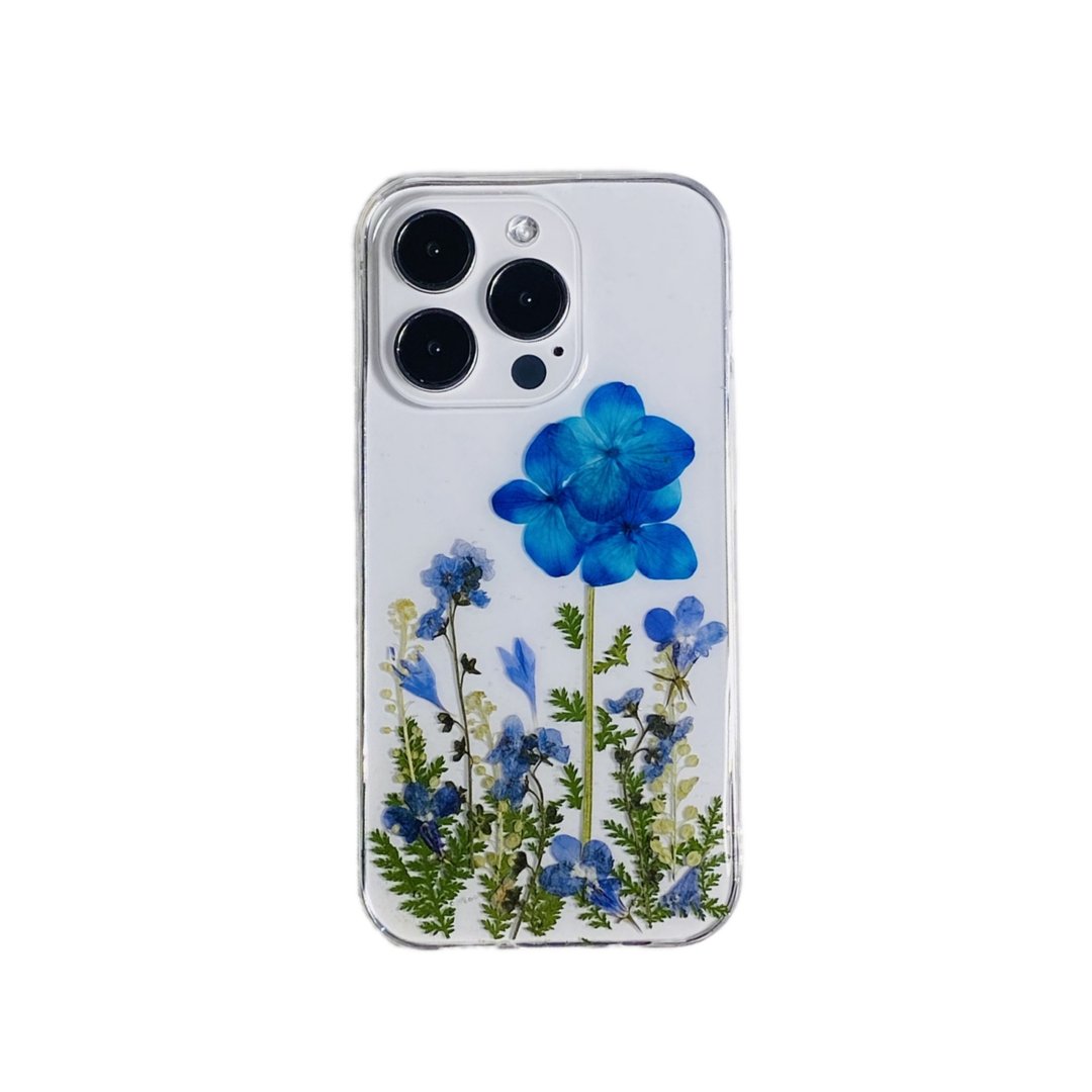 蓝色绣球花 天然绿枝叶 手作押花手机壳 适用于iPhone Samsung - 手机壳/手机套 - 植物．花 