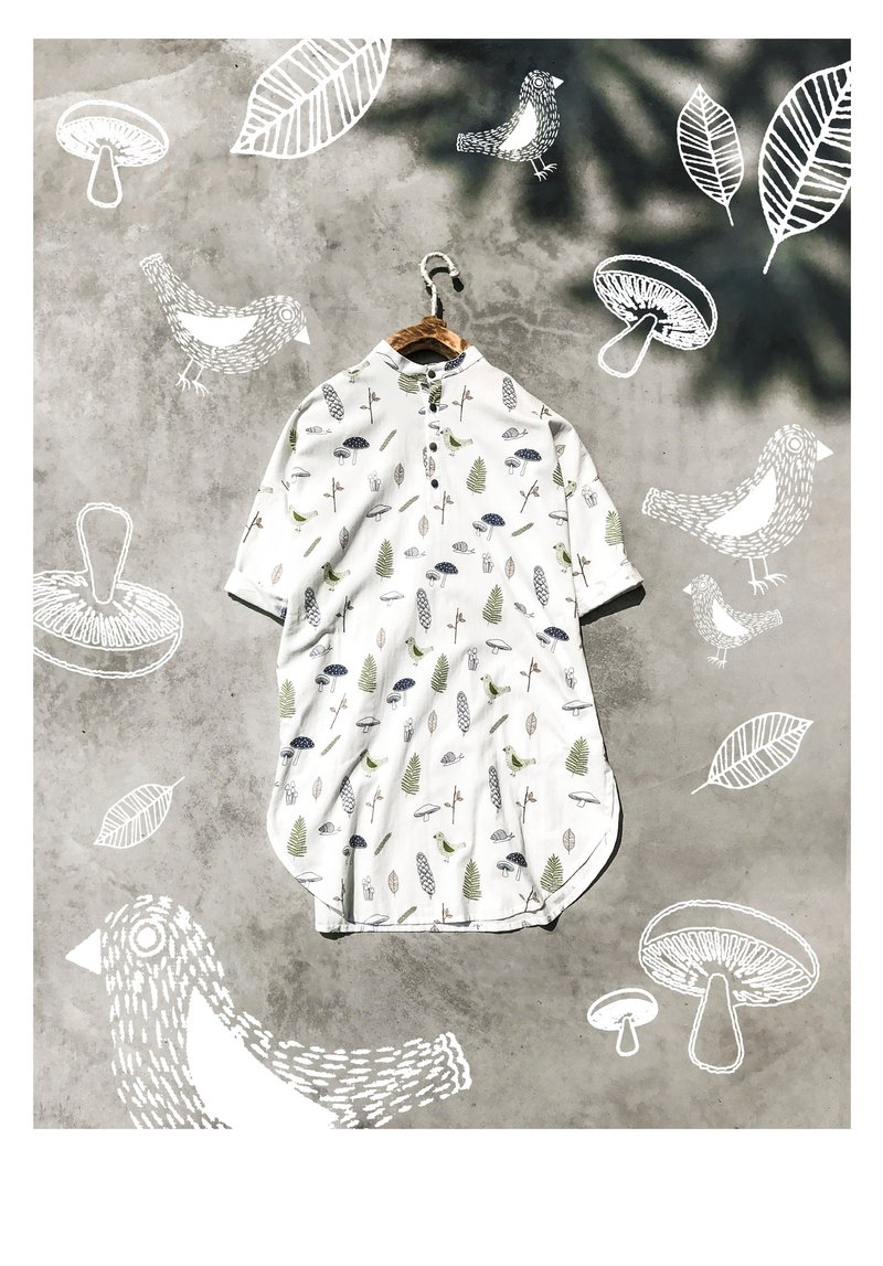 沐煦：童趣布花落肩衬衫洋装 - 女装衬衫 - 棉．麻 白色