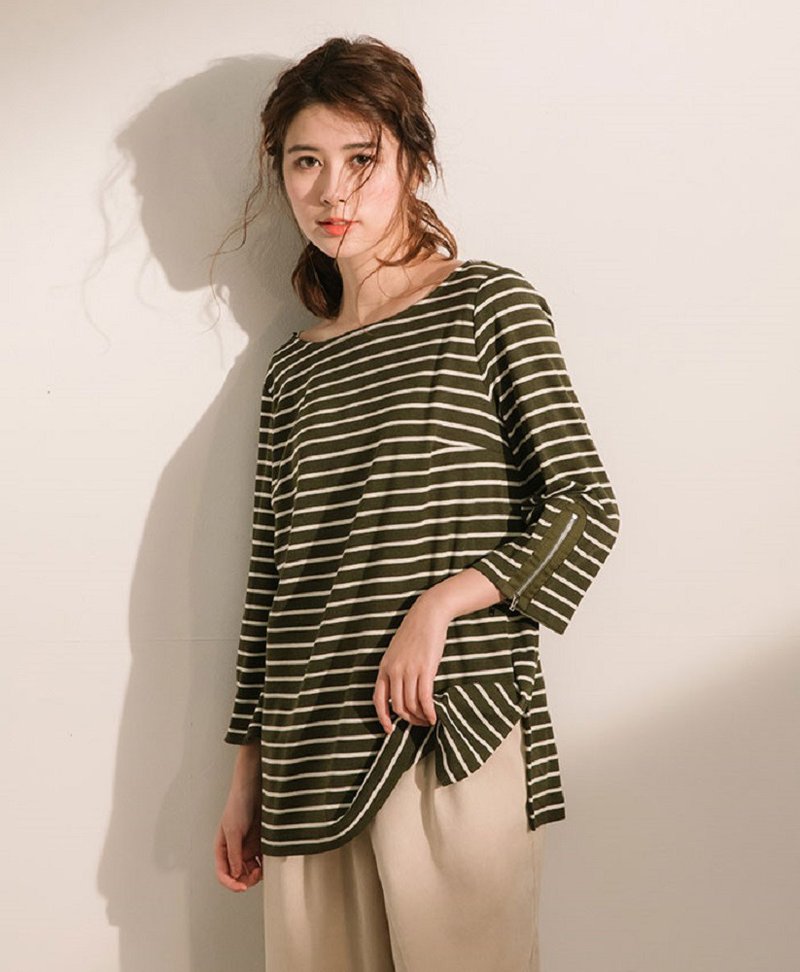 75折【美秋福袋】慢慢条纹七分上衣(岛)+春夏上衣2款=五倍券优惠 - 女装上衣 - 棉．麻 绿色