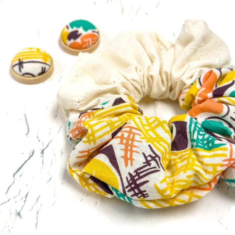 手工拼布荷叶发圈 + 木托布艺耳环  套装 - 耳环/耳夹 - 棉．麻 白色