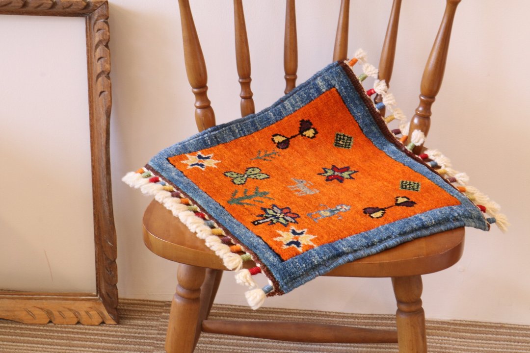 Orange×Blue Handmade carpet small size Wool - 被子/毛毯 - 其他材质 橘色
