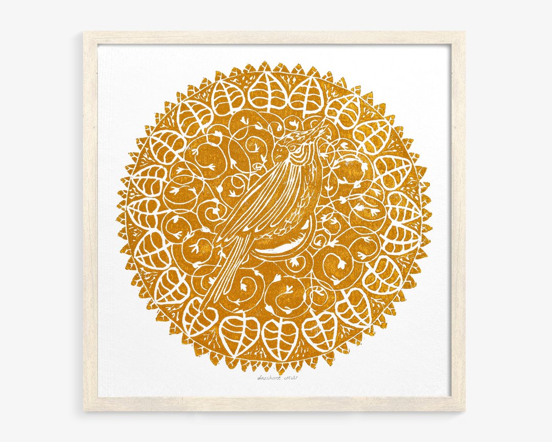 Linocut 印花赭色植物玄凤鹦鹉鹦鹉原创花卉艺术品墙壁艺术 - 海报/装饰画/版画 - 纸 黄色