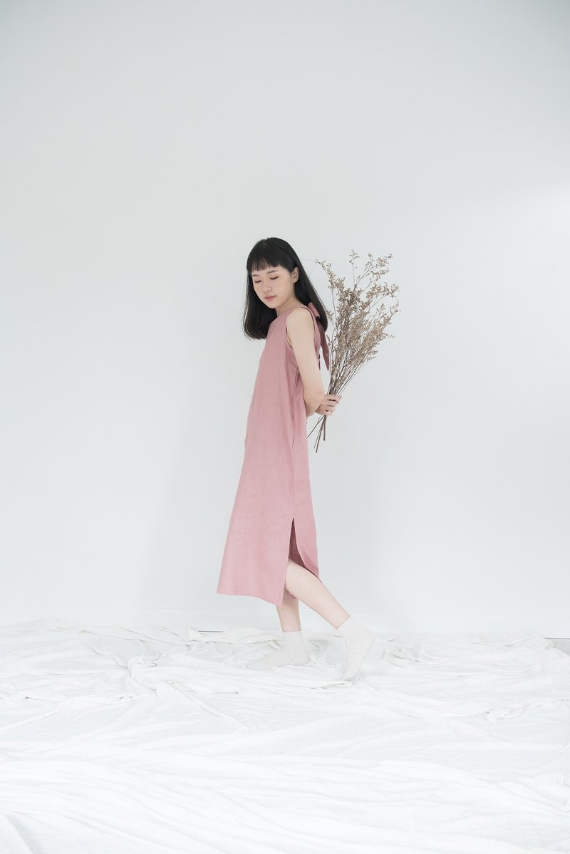 Lotus Pink Big Bow Linen Dress - 洋装/连衣裙 - 亚麻 粉红色