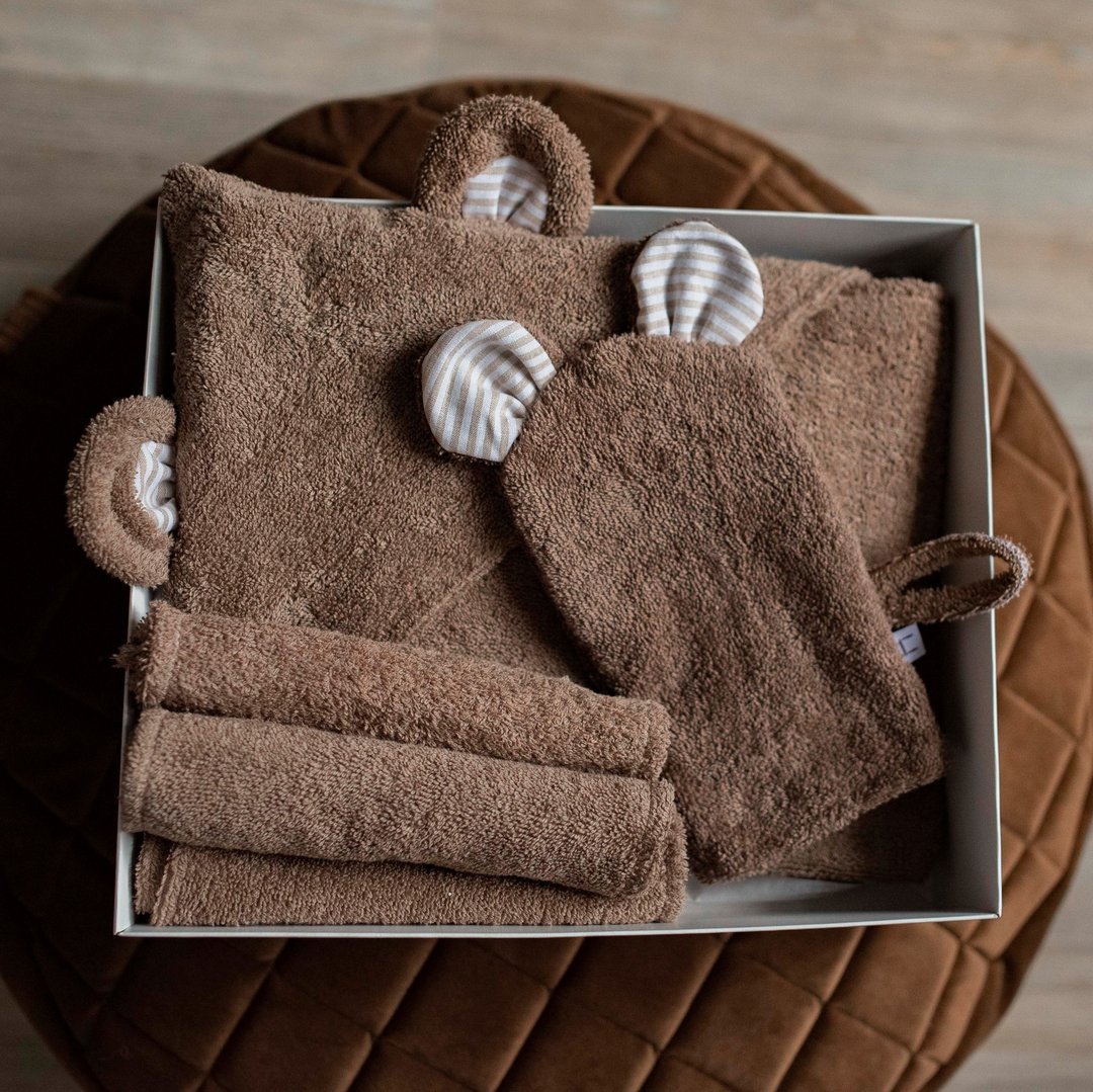 SET: Hooded Towel, Mitten and mini towels dark brown set for a Baby or Toddler - 毛巾浴巾 - 棉 咖啡色