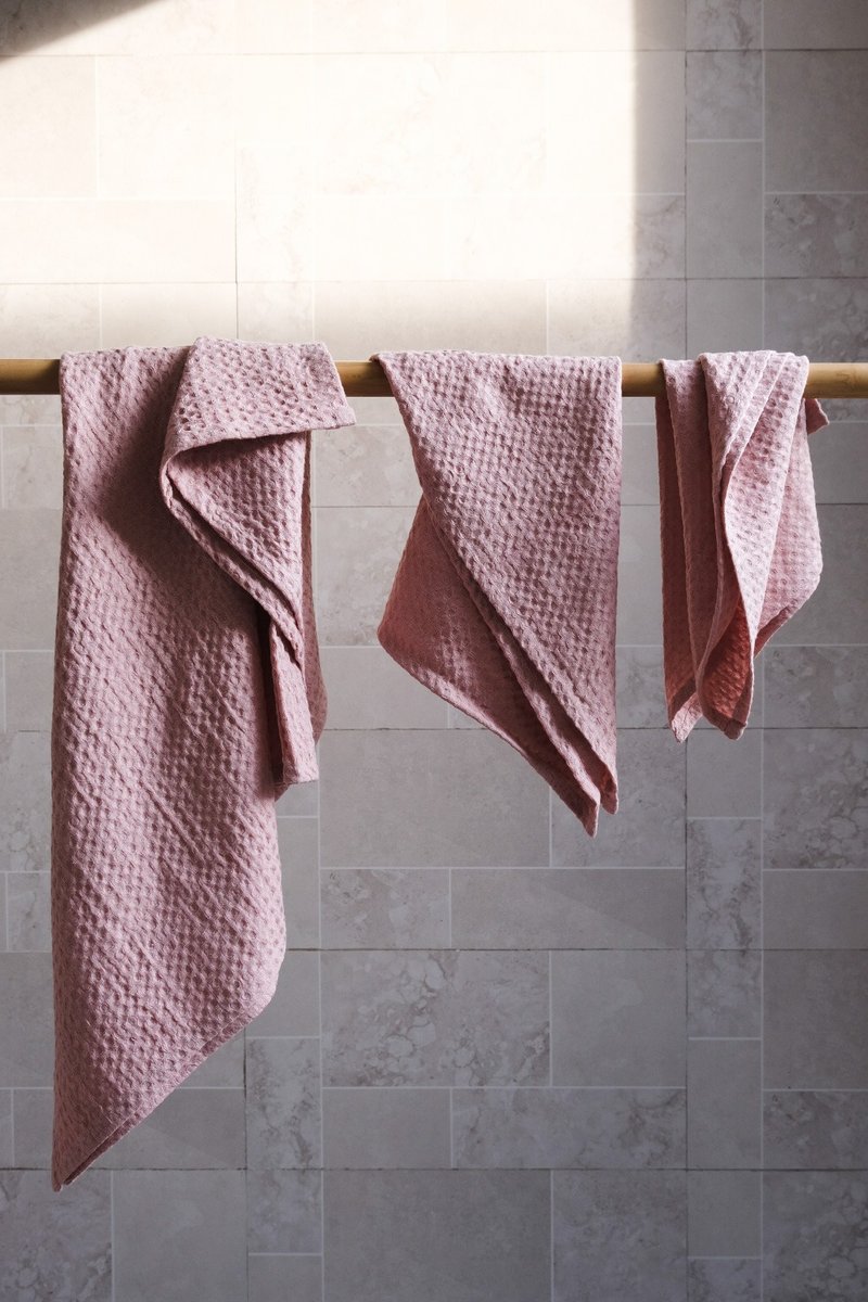 Rose pink waffle linen bath towels / Linen bath towel set  / Organic flax - 毛巾浴巾 - 亚麻 粉红色
