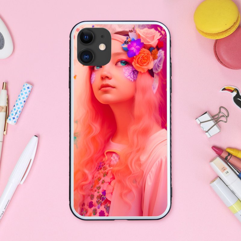 梦幻可爱珊瑚粉童话女孩与花朵 手机壳【强化玻璃处理】适用于 iPhone16 - 手机壳/手机套 - 塑料 多色
