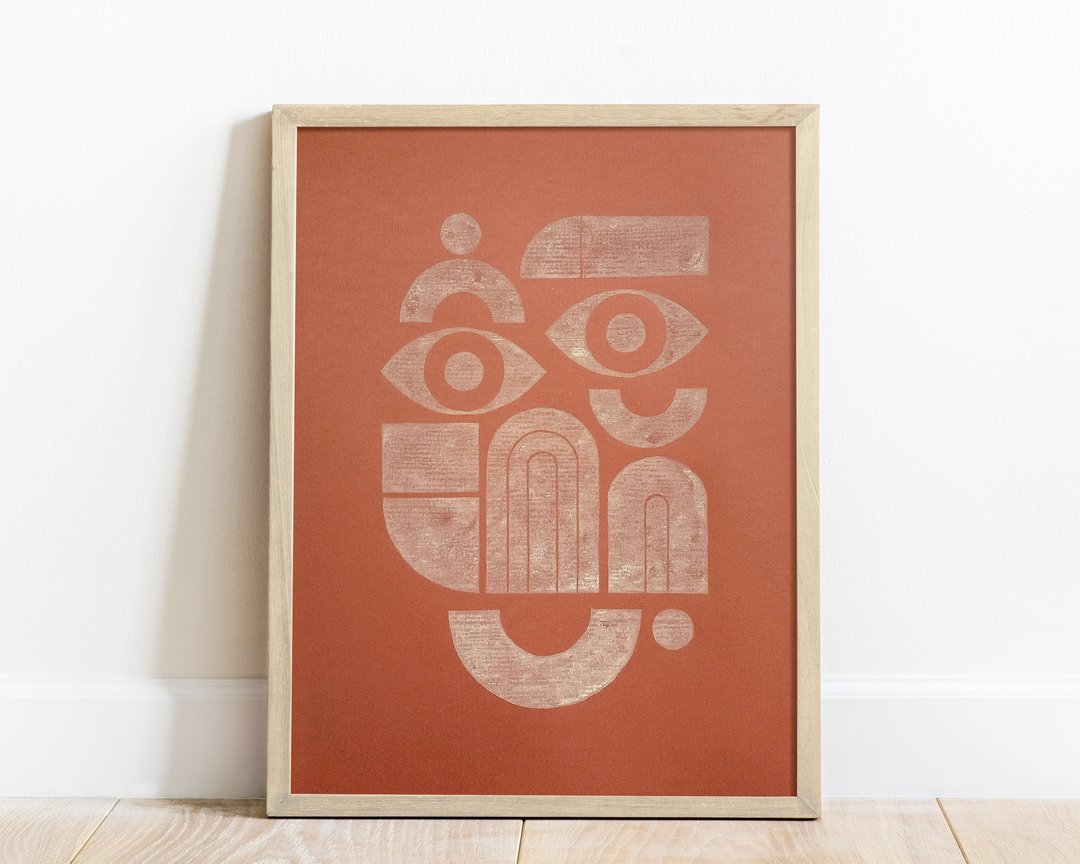 抽象包浩斯脸赤土白色形式 Linocut 印刷原创艺术品艺术 - 海报/装饰画/版画 - 纸 咖啡色
