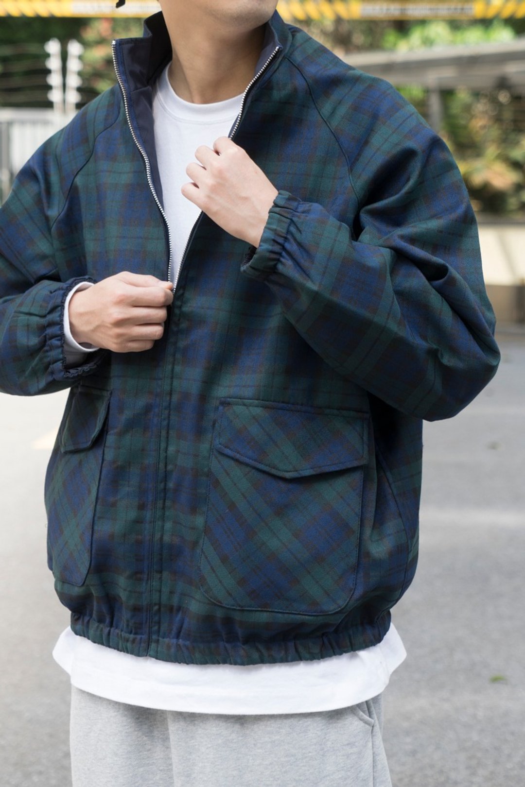 【Off-season sale】雙面穿 哈靈頓夾克復古寬鬆休閒格子立領外套 - 男装外套 - 聚酯纤维 绿色