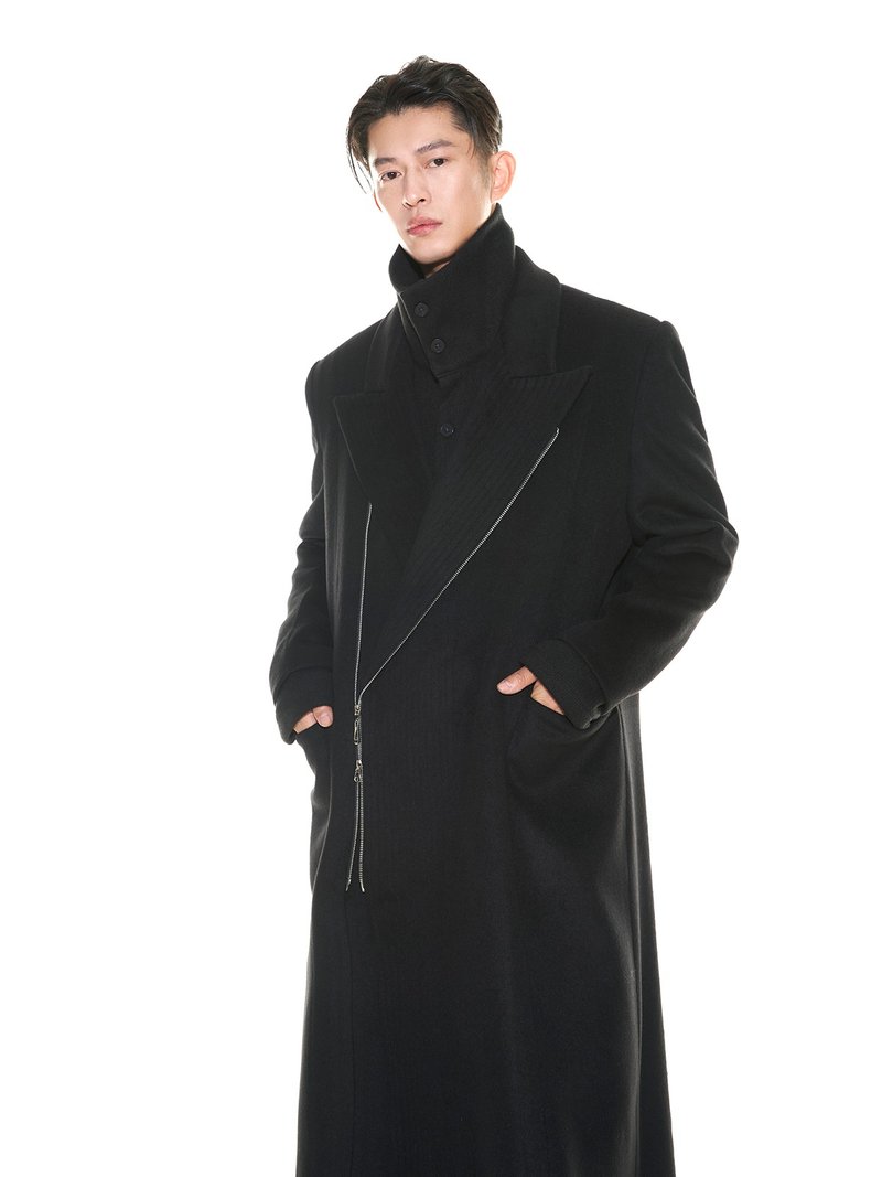 羊毛绒垫肩拉链大衣男女秋冬黑色长款毛呢外套 - 男装外套 - 其他材质 黑色