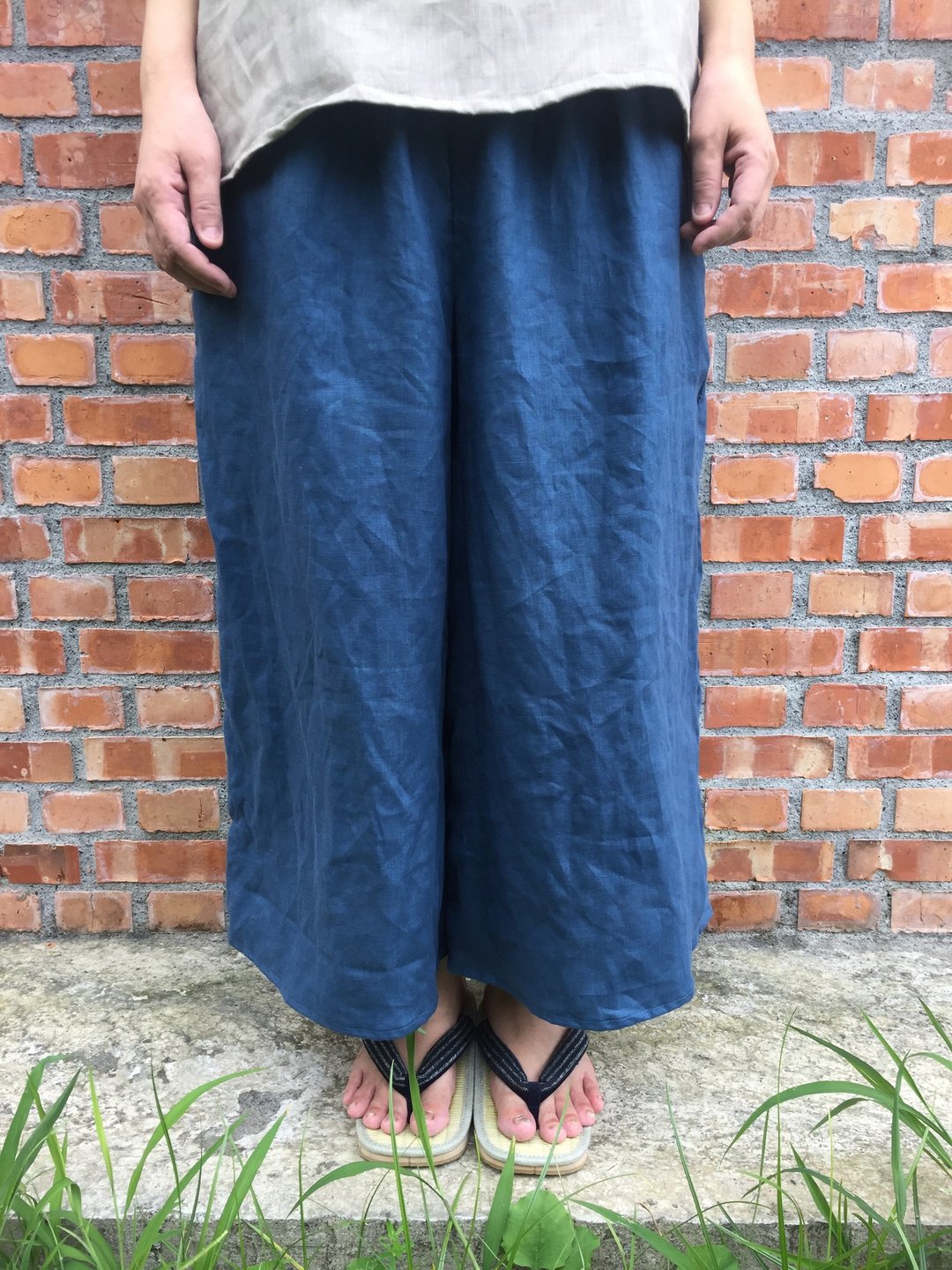 纯亚麻 広形もんぺ宽筒口袋裤 - 女装长裤 - 棉．麻 蓝色