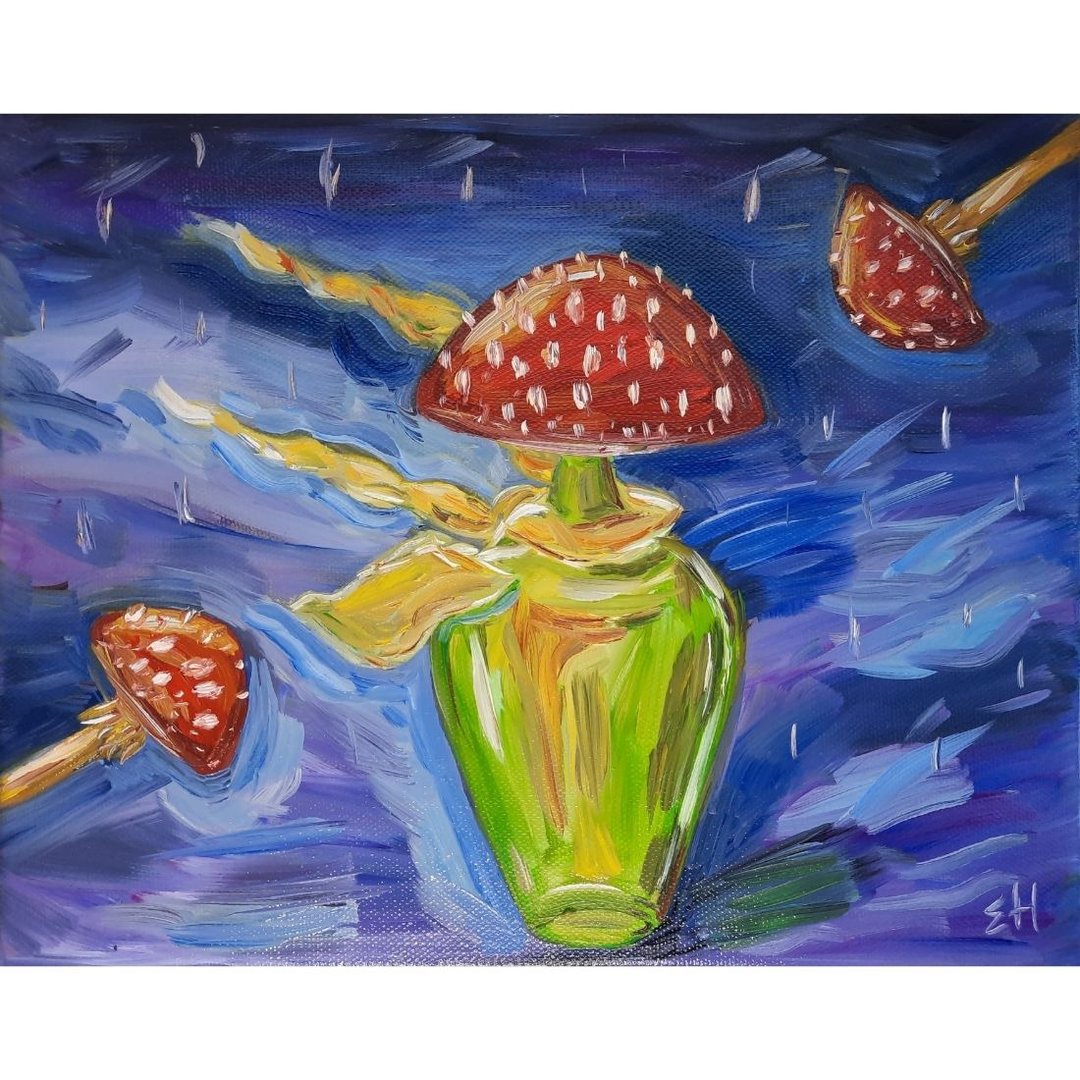 Fly agarics oil painting Mushrooms oil painting Alice Wonderland wall art - 海报/装饰画/版画 - 棉 蓝色
