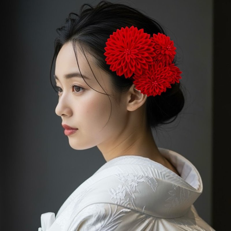 深红手工摘み细工发饰套组 – 优雅自信 - 发饰 - 丝．绢 红色