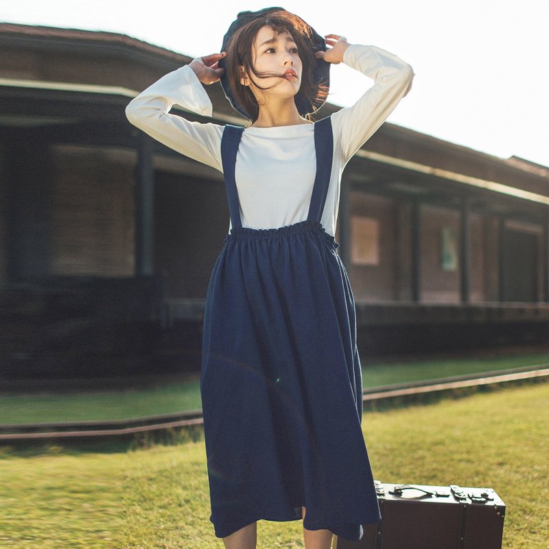 安妮陈2017春季新款女装蓝色背带裙连身裙洋装 - 洋装/连衣裙 - 棉．麻 蓝色